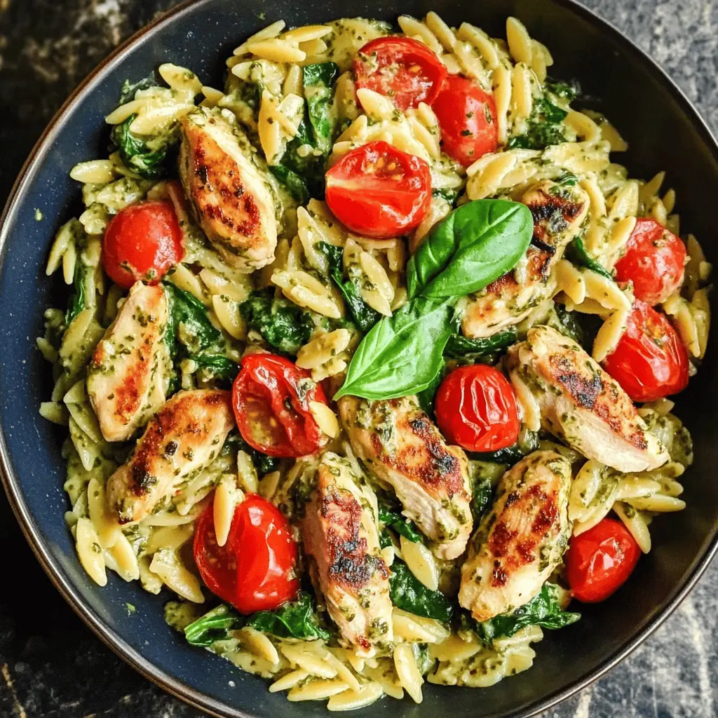 Creamy Chicken Orzo with Spinach and Cherry Tomatoes