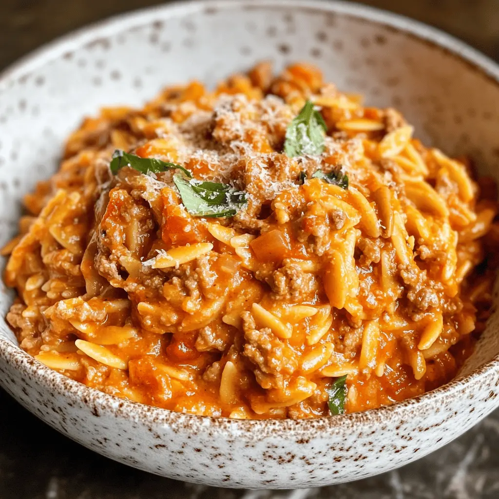 Looking for a comforting dinner? This Ground Beef Orzo with Tomato Cream Sauce is a family favorite, featuring tender orzo pasta coated in a rich and creamy tomato sauce. It's quick to prepare and packed with flavor! Perfect for busy weeknights or casual gatherings. Save this delicious recipe for your next meal!