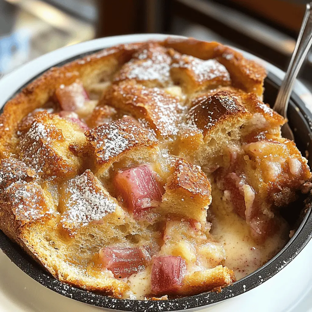 Get ready to enjoy a delightful twist on traditional bread pudding with this Rhubarb Bread Pudding! Bursting with the tangy flavor of fresh rhubarb and the comforting texture of bread, it's perfect for breakfast or as a sweet dessert. Save this pin for a deliciously sweet treat that's sure to impress your family and friends any time of the day!