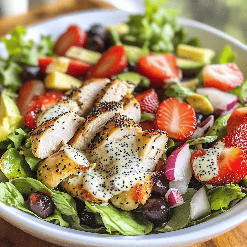 Brighten your meal with this Strawberry Poppy Seed Salad with Grilled Chicken! Fresh strawberries, crunchy greens, and seasoned chicken come together for a deliciously light dish. Perfect for summer picnics or a quick lunch, this salad is not only satisfying but also packed with vibrant flavors. Save this recipe for your next gathering!