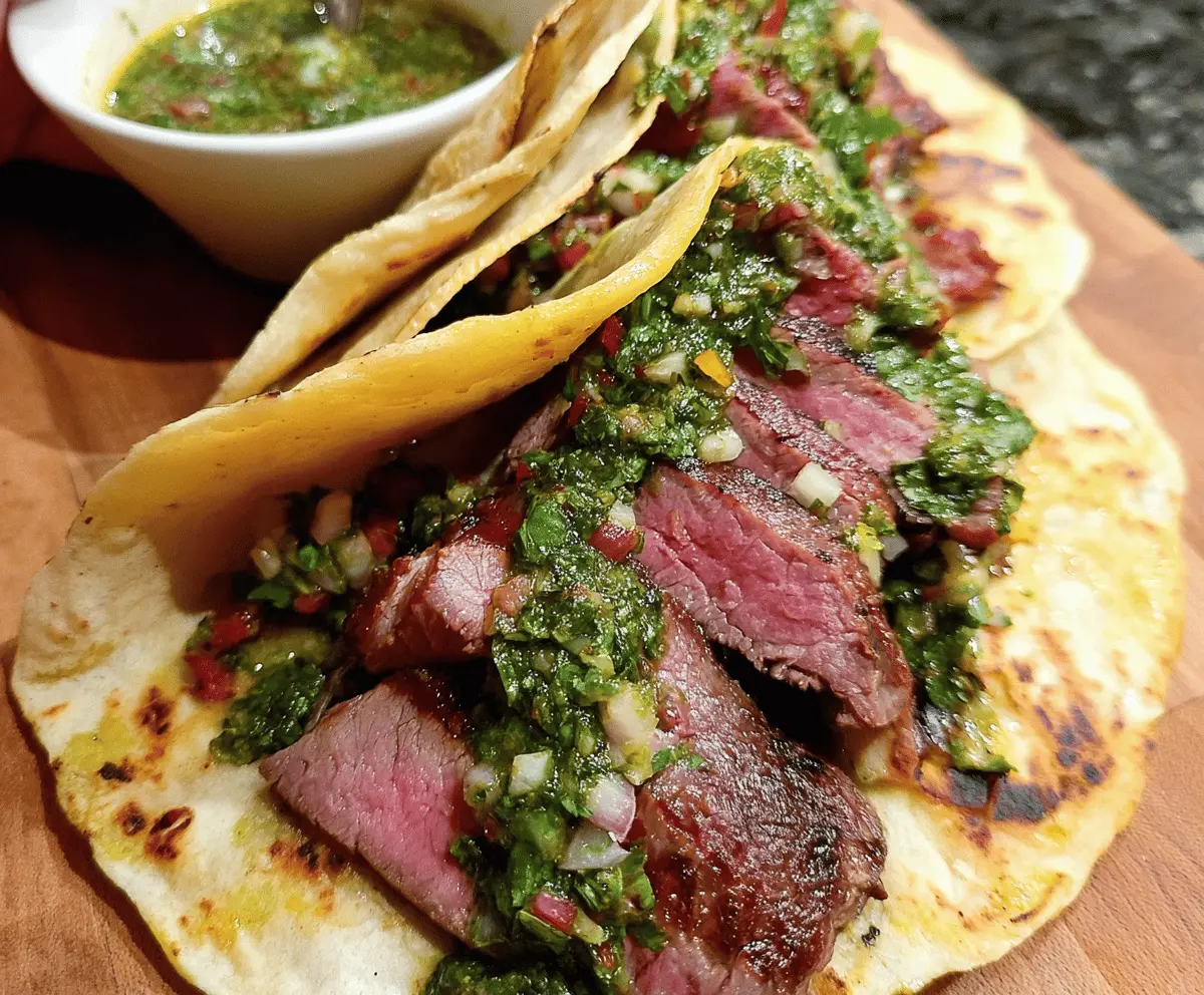 Easy Flank Steak Tacos with Garlicky Cilantro Chimichurri