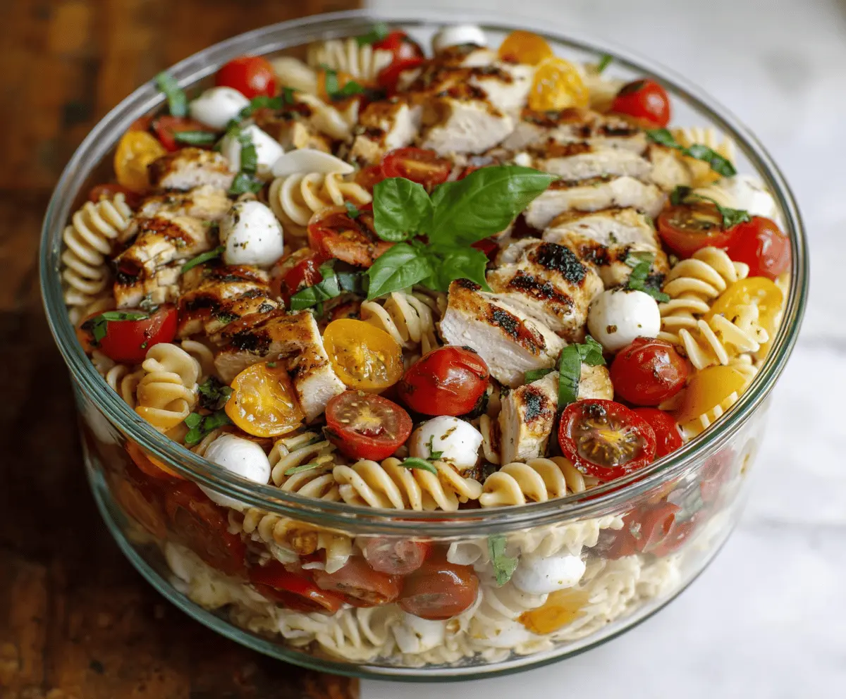 Easy Layered Grilled Chicken Caprese Pasta Salad