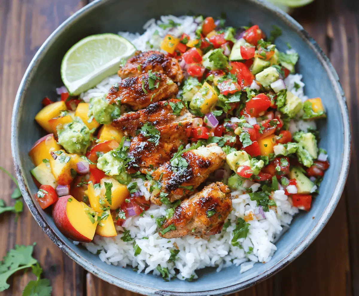 Easy Cilantro Lime Chicken Bowls with Peach Salsa
