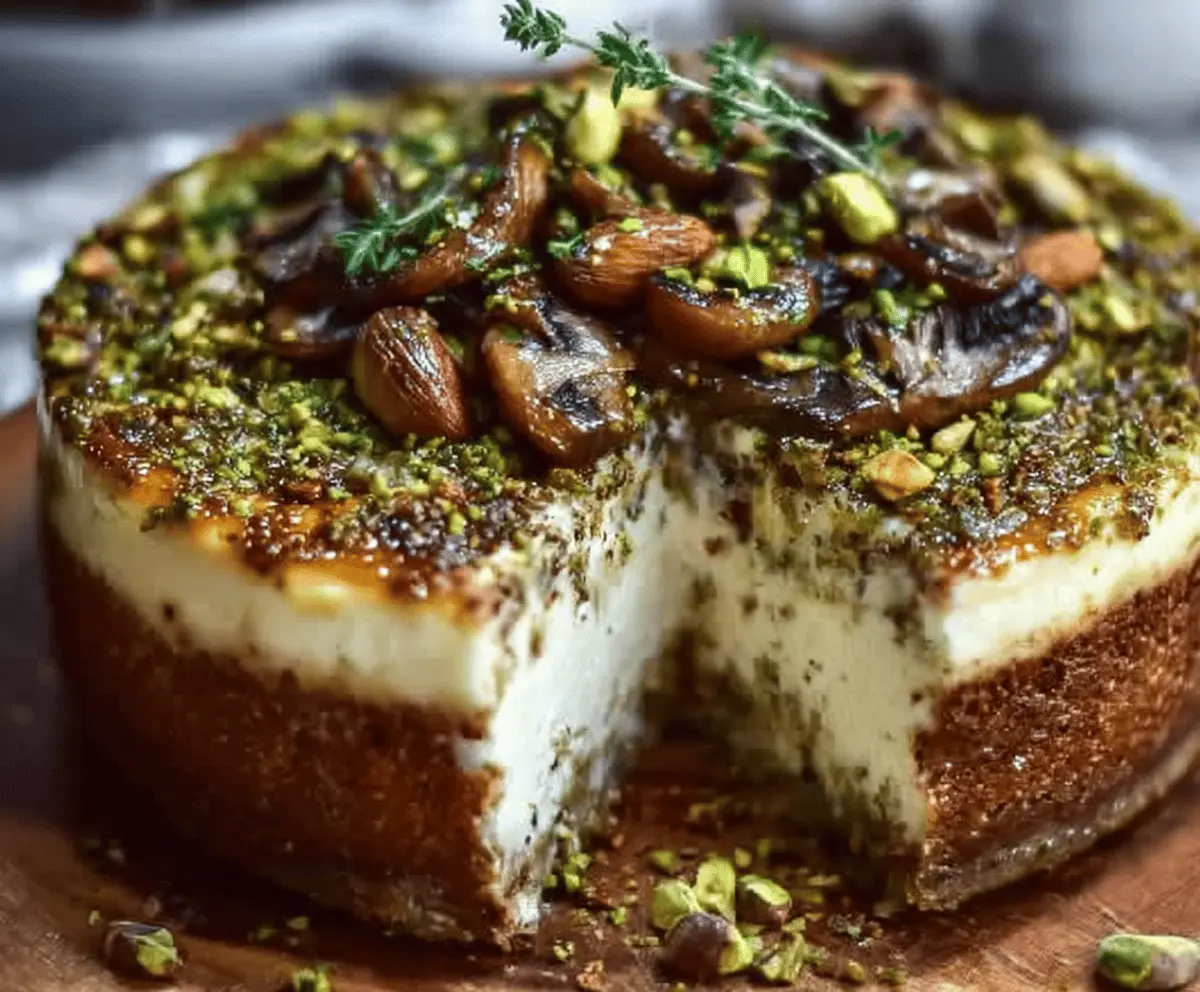 Savory Pistachio Mushroom Cheesecake with Feta Parmesan Crust
