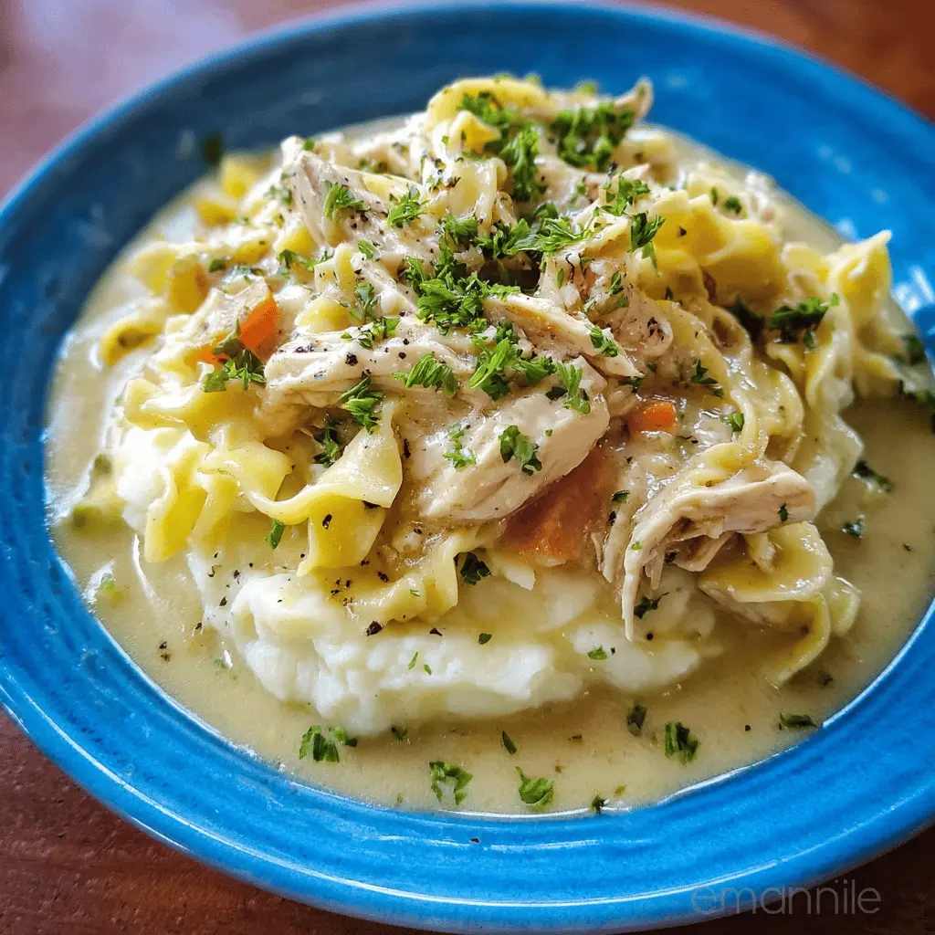 Comforting Homemade Chicken Noodles Over Creamy Mashed Potatoes