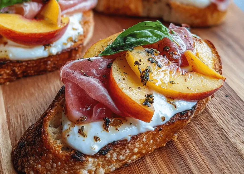 Cheesy Burrata Crostini with Prosciutto and Sweet Peaches