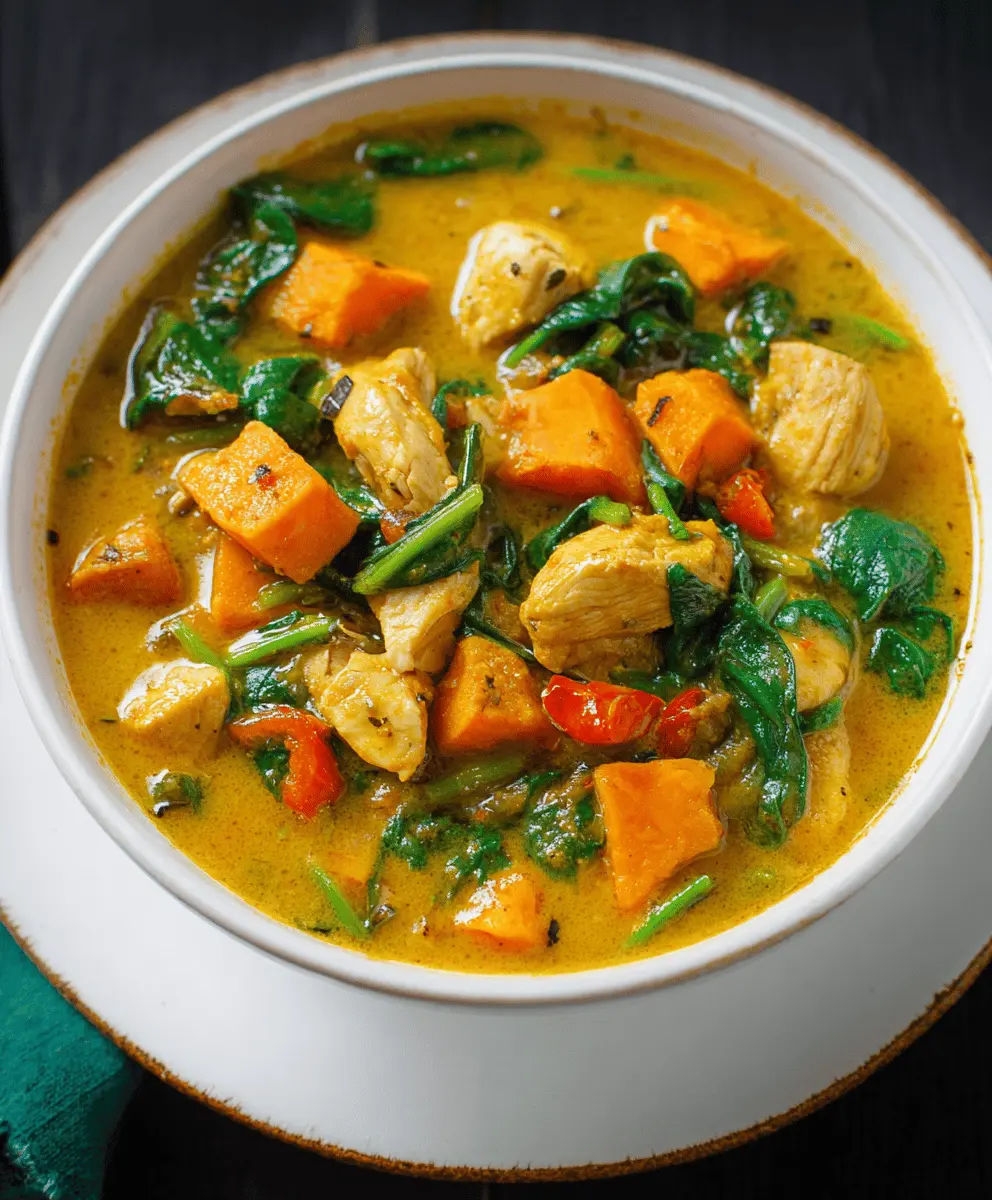 Creamy Coconut Curry Chicken Soup with Sweet Potatoes & Spinach
