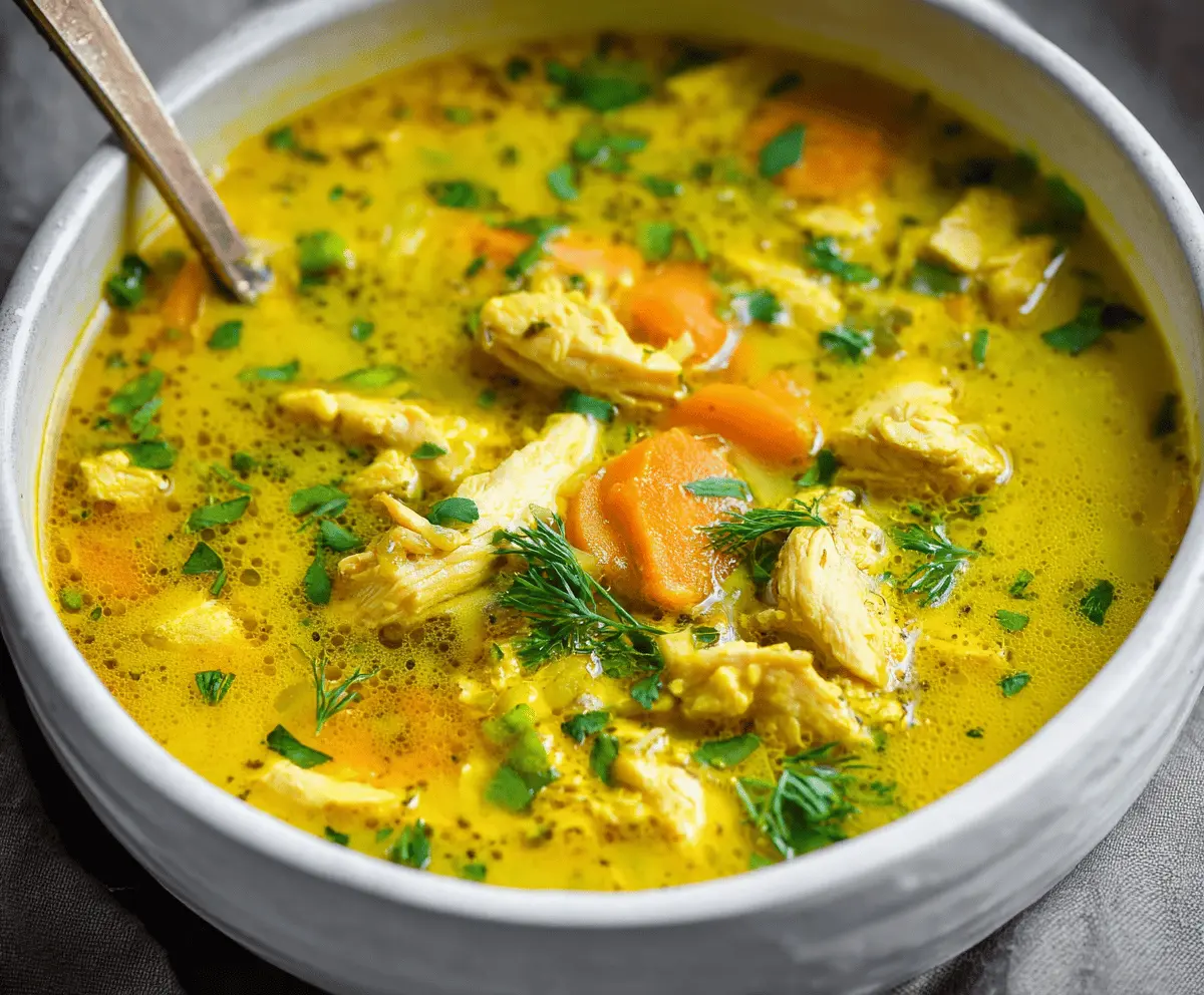 A steaming bowl of anti-inflammatory turmeric chicken soup with fresh herbs and vegetables, highlighting its vibrant yellow color and nourishing ingredients.