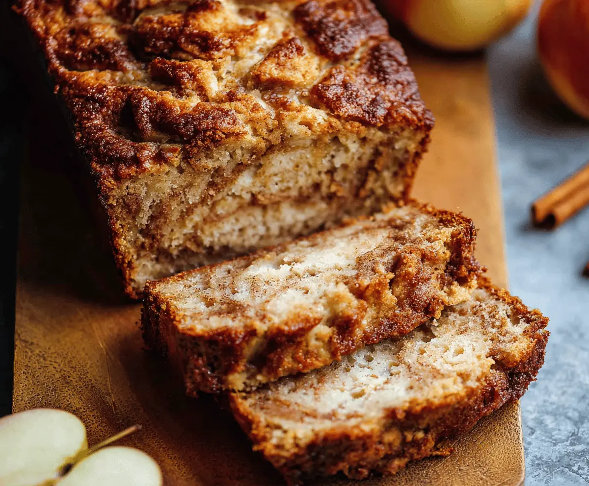 Freshly baked Apple Cinnamon Bread sliced on a wooden cutting board with apple slices and cinnamon sticks, perfect for breakfast or snacks.