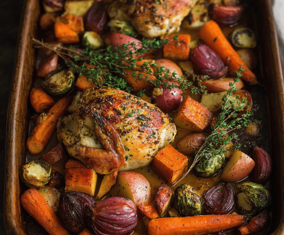 Delicious autumn-inspired chicken dinner with roasted vegetables and seasonal herbs on a rustic plate
