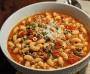 A bowl of homemade Barefoot Contessa Pasta Fagioli soup with beans, vegetables, and herbs garnished with fresh parsley, served in a rustic white bowl.