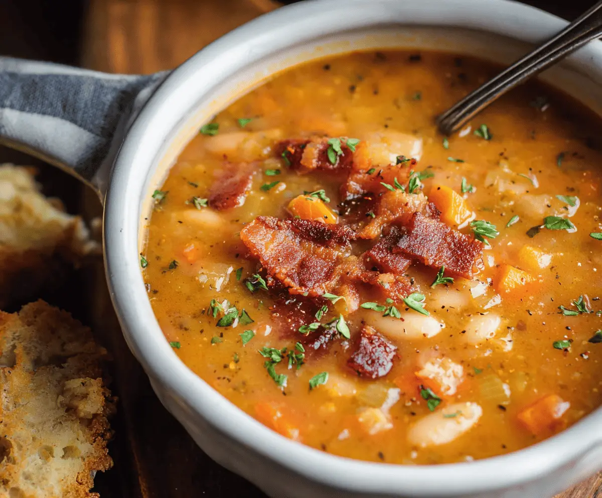 A bowl of hearty Bean with Bacon Soup topped with crispy bacon and fresh herbs, served with crusty bread on the side.