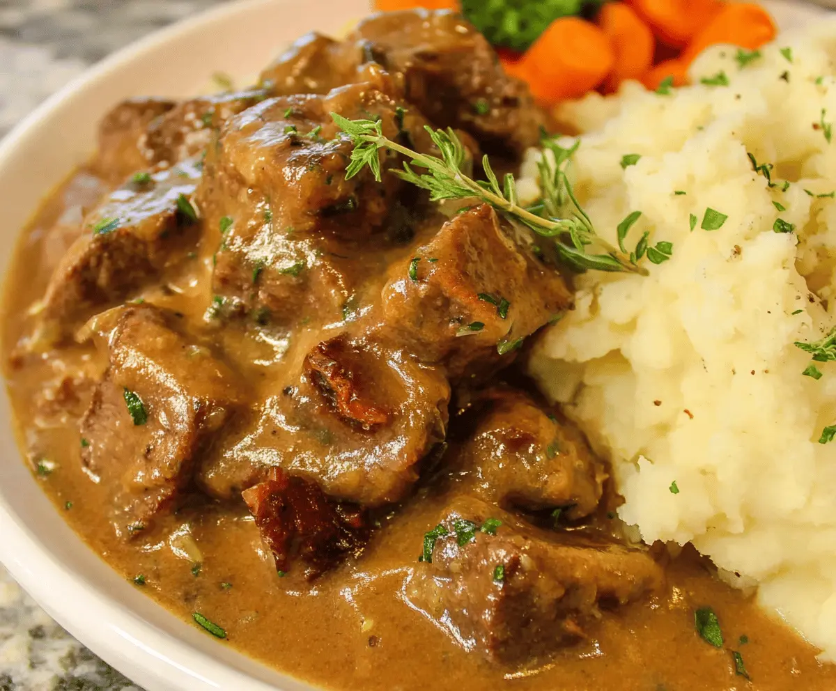 Savory beef tips cooked in rich gravy served over mashed potatoes or rice, perfect for a comforting meal