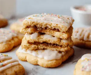 Delicious Brown Sugar Pop Tart Cookies topped with colorful sprinkles on a white plate, perfect for a sweet snack or dessert.