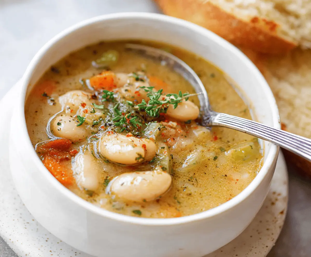 Creamy butter bean soup garnished with fresh herbs in a rustic bowl, ready to serve