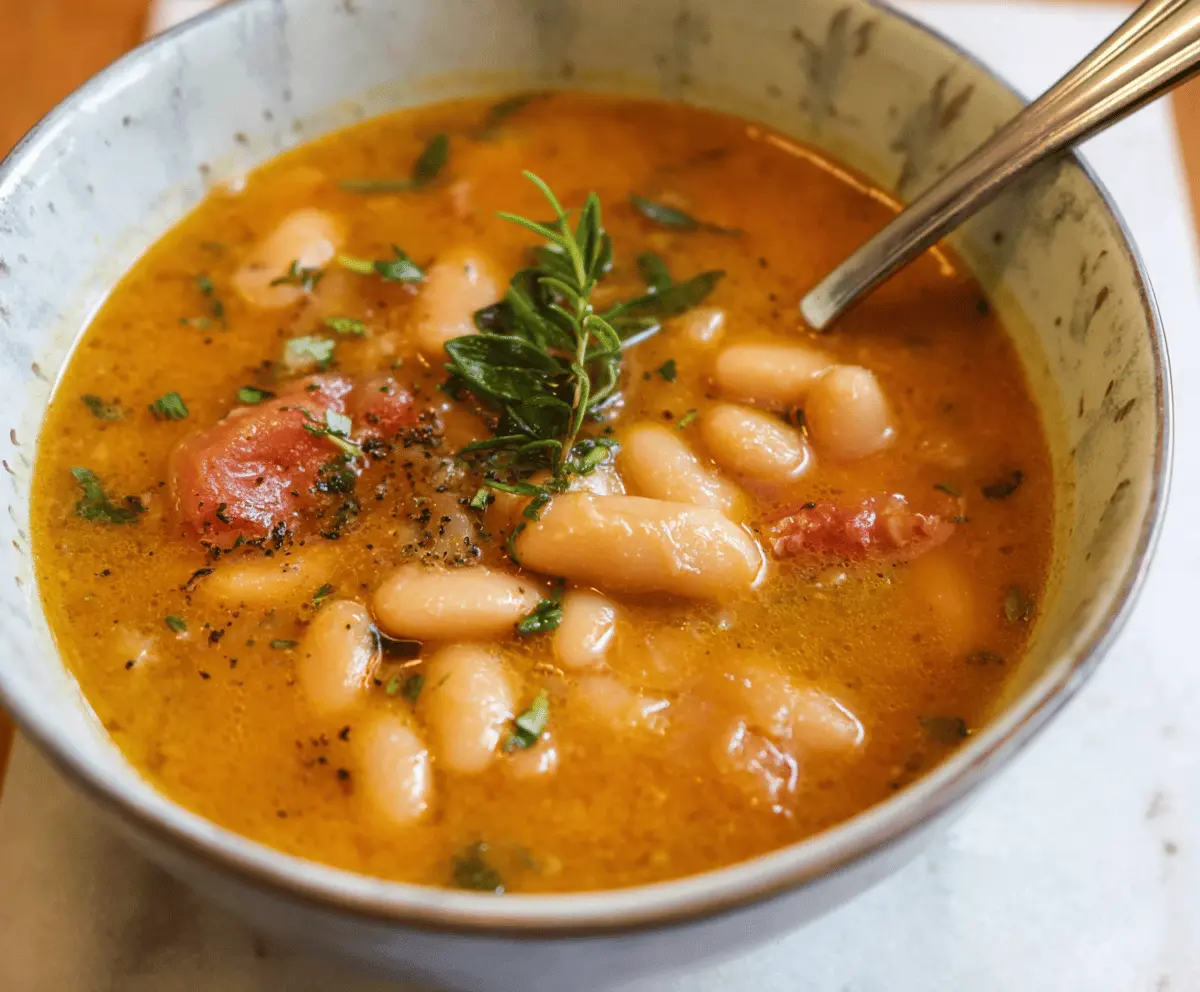 Creamy cannellini bean soup garnished with fresh herbs in a rustic bowl, perfect for a comforting and healthy meal.