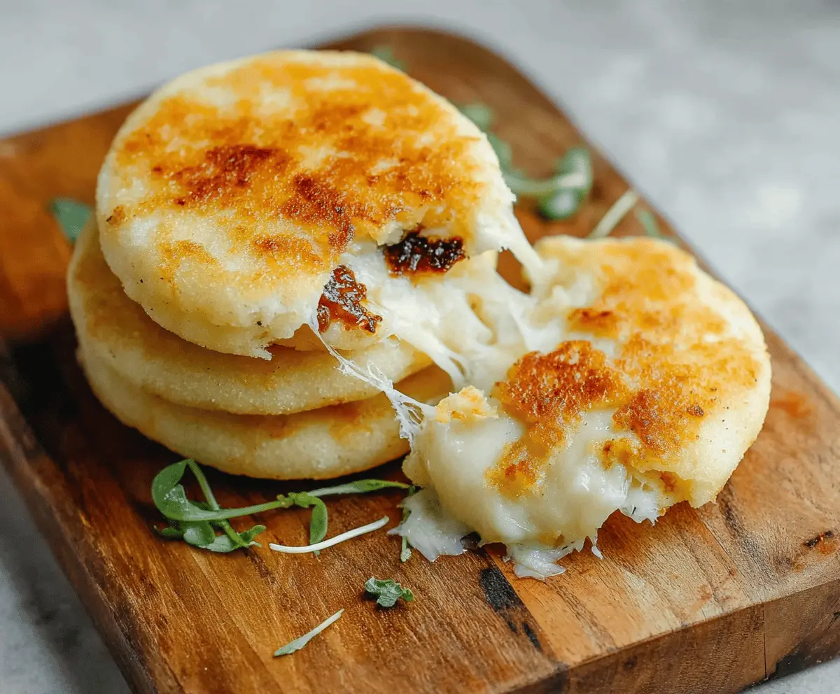 Delicious cheesy arepa with melted cheese and golden crust, served as a savory Latin American snack or breakfast option.