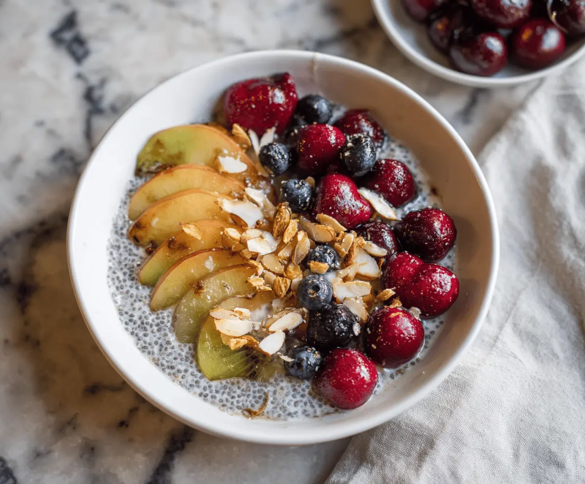 Healthy chia yogurt breakfast bowl topped with fresh fruit, nuts, and honey for a nutritious start to your day