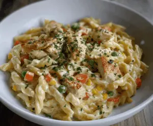 Creamy chicken pot pie pasta dish featuring tender chicken, mixed vegetables, and golden crust in a comforting, cheesy sauce.