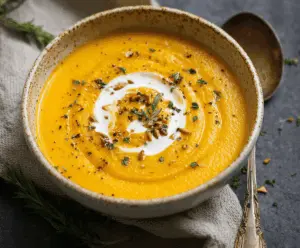 A bowl of creamy butternut squash soup garnished with fresh herbs, served with crusty bread on a rustic wooden table.