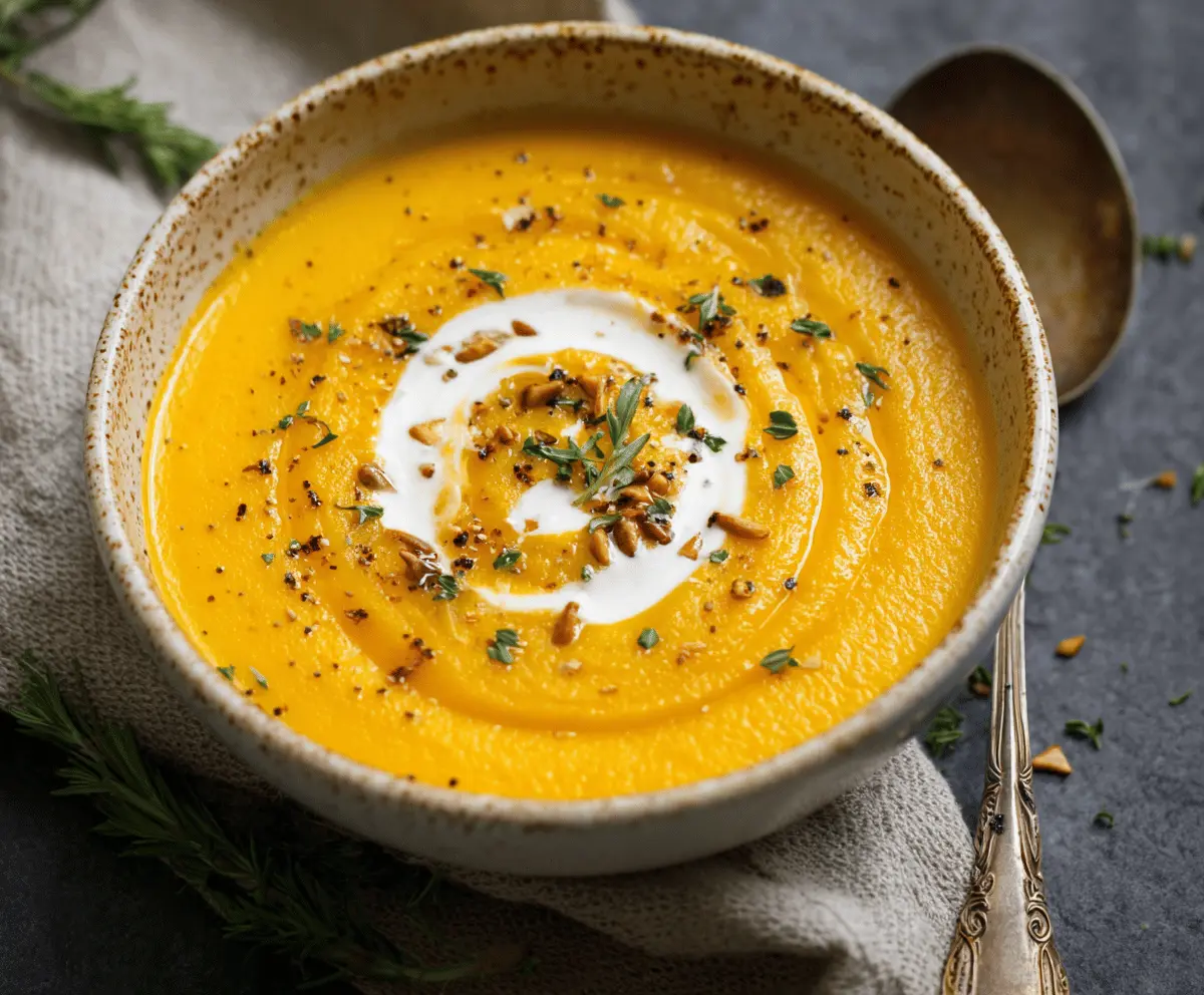 A bowl of creamy butternut squash soup garnished with fresh herbs, served with crusty bread on a rustic wooden table.