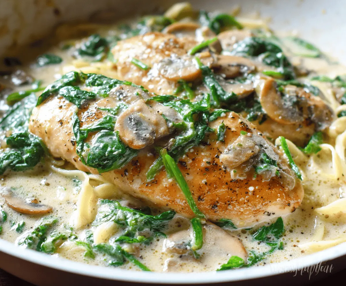 Creamy Chicken Florentine in a white skillet garnished with spinach and melted cheese, served with a side of pasta on a rustic wooden table.