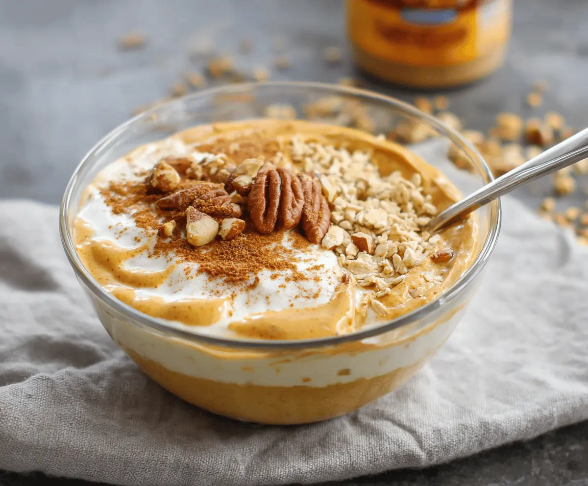 Creamy pumpkin pie yogurt bowl topped with whipped cream, cinnamon, and pumpkin seeds, perfect for a healthy fall breakfast