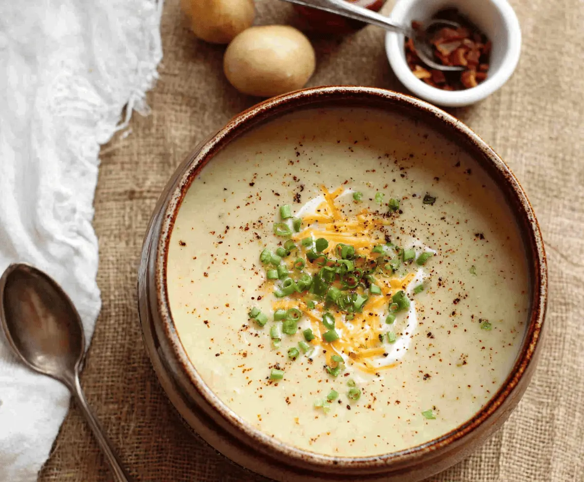 Creamy rustic potato soup served in a rustic bowl with fresh herbs, featuring a smooth, velvety texture and garnished with chopped chives