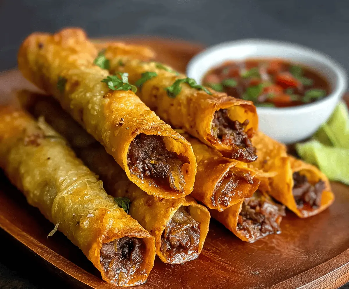 Delicious crispy beef taquitos served with fresh salsa and toppings on a white plate