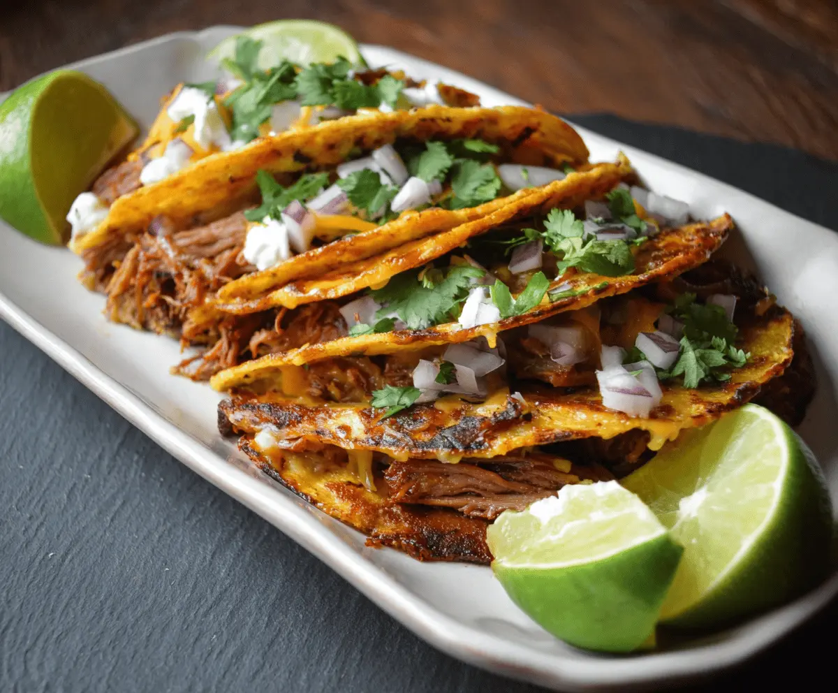 Delicious Crock Pot Birria Tacos with tender shredded beef, served with fresh toppings and crispy tortillas