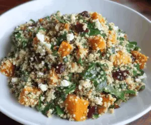 Colorful Fall Quinoa Salad with roasted vegetables, cranberries, and feta cheese in a bowl, perfect for autumn meals.