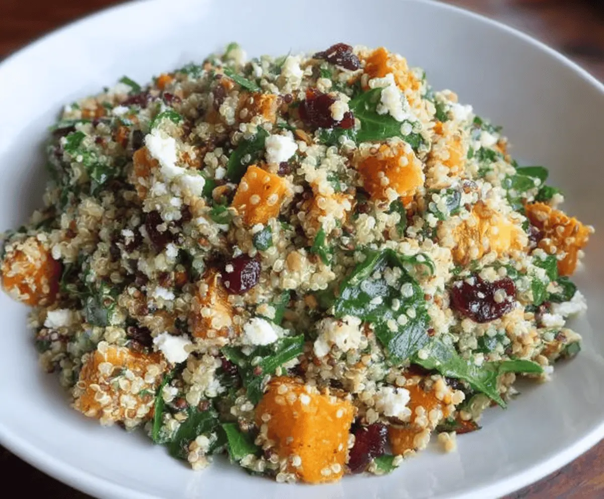 Colorful Fall Quinoa Salad with roasted vegetables, cranberries, and feta cheese in a bowl, perfect for autumn meals.