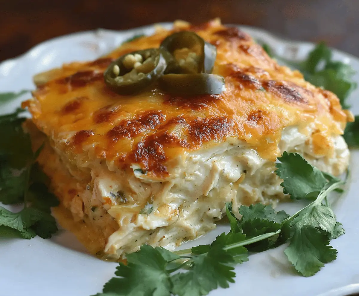 Delicious Green Chile Chicken Enchilada Casserole topped with melted cheese and fresh cilantro, perfect for a flavorful Mexican-inspired dinner.