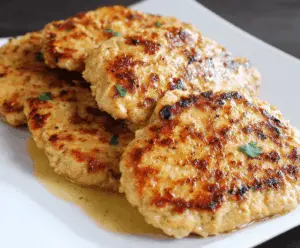 Savory ground chicken patties cooked to perfection, served on a plate with fresh herbs and lemon wedges
