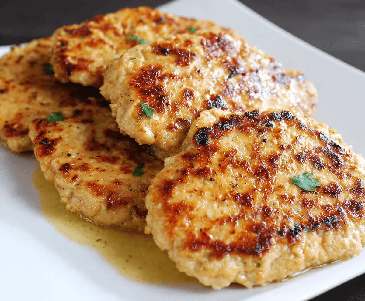 Savory ground chicken patties cooked to perfection, served on a plate with fresh herbs and lemon wedges