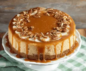 Creamy caramel apple cheesecake in an Instant Pot with a graham cracker crust, topped with caramel drizzle and sliced fresh apples.