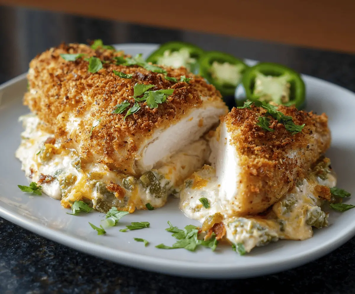 Creamy Jalapeno Popper Chicken topped with melted cheese and crispy bacon, served with fresh herbs on a white plate.