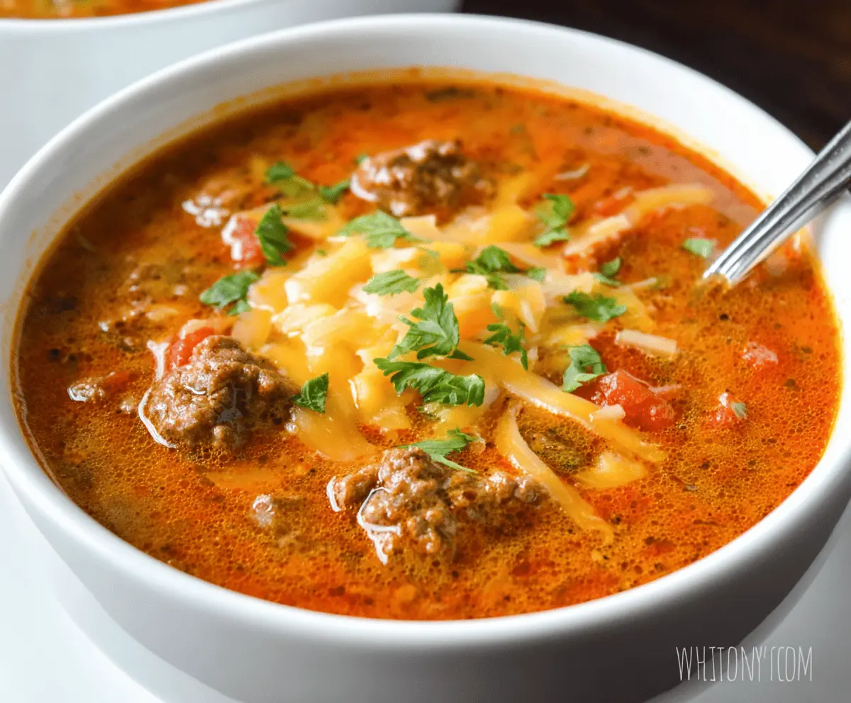 Delicious and hearty keto taco soup in a bowl with seasoned ground beef, shredded cheese, fresh cilantro, and chopped tomatoes, perfect for low-carb comfort.