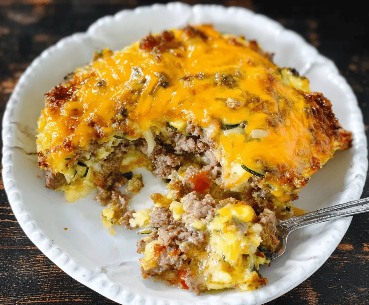 Delicious keto zucchini hamburger casserole topped with melted cheese, perfect for low-carb dinners