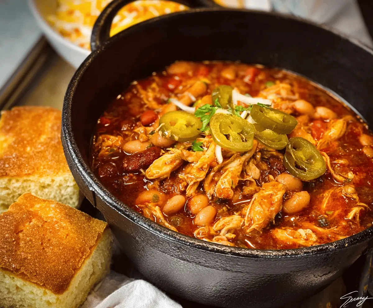 Spicy Nashville Hot Chicken Chili in a bowl with toppings, perfect for a flavorful and comforting meal