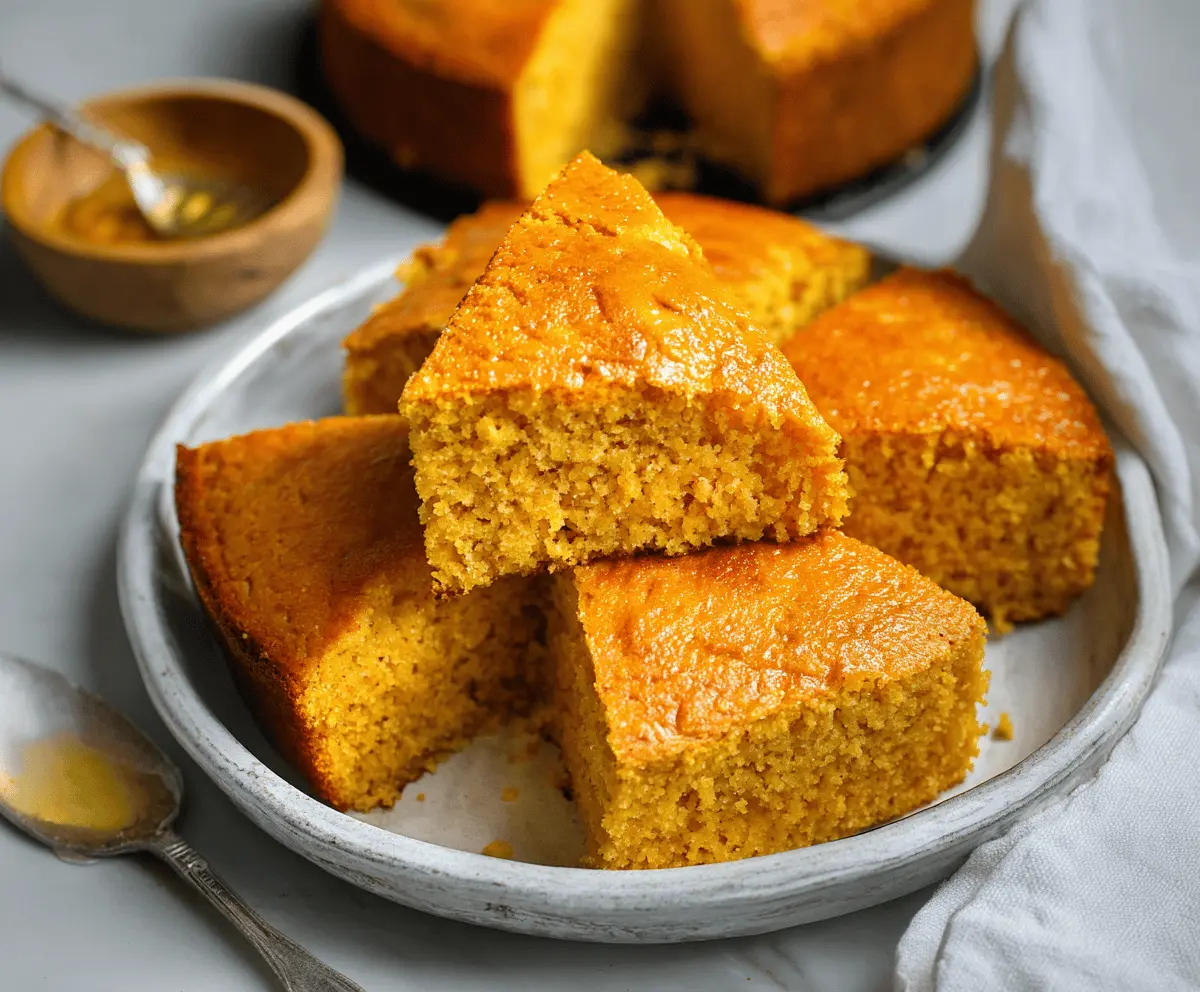 Delicious one-bowl sweet potato cornbread fresh out of the oven, featuring a golden crust and moist texture, perfect for comforting meals