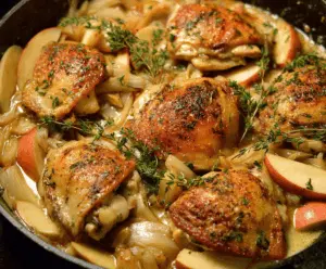 Delicious one-pan chicken cooked with fresh apples and herbs, served hot on a plate.