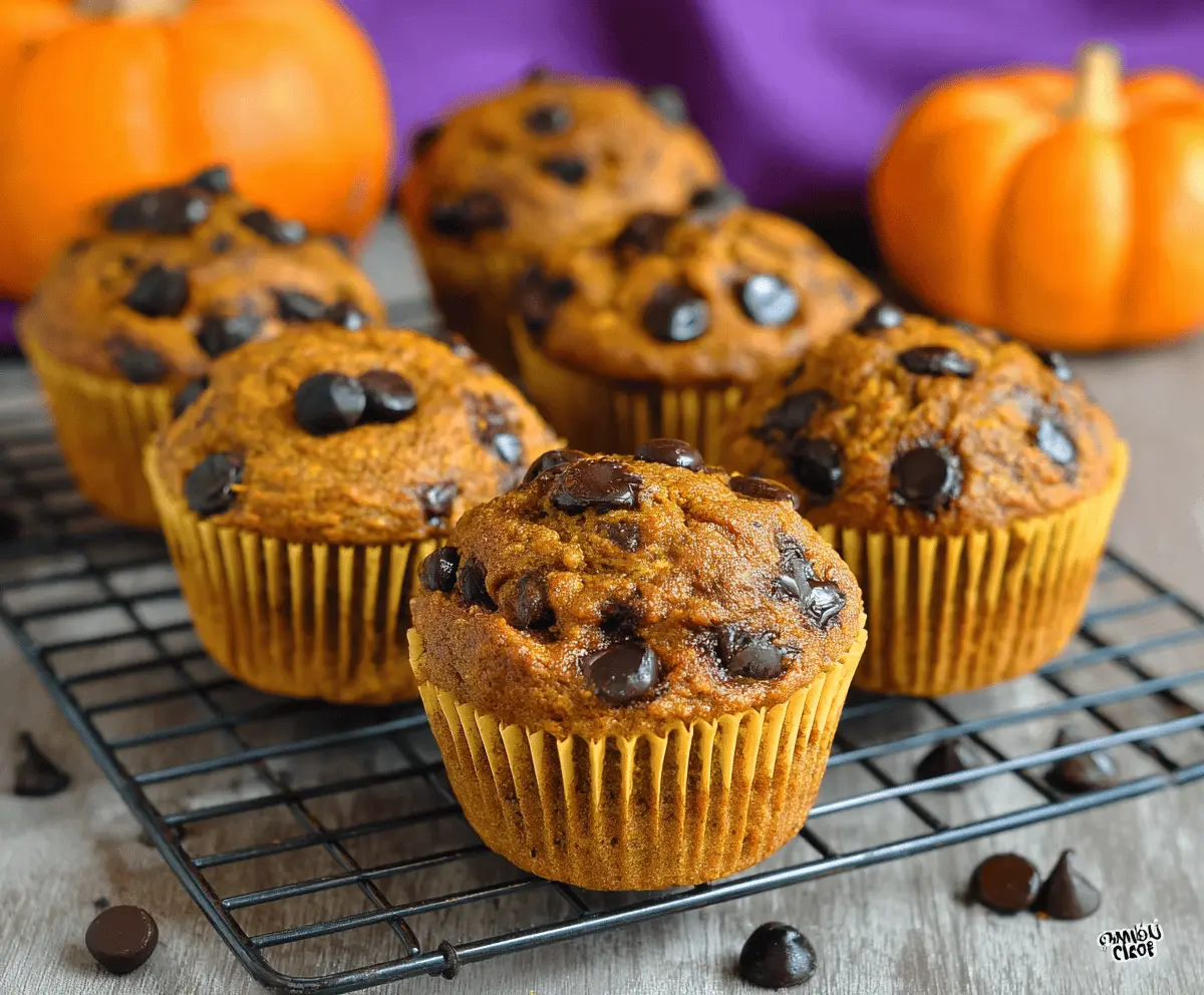 Delicious homemade pumpkin chocolate chip muffins fresh out of the oven, featuring moist pumpkin batter filled with rich chocolate chips, perfect for fall treats.