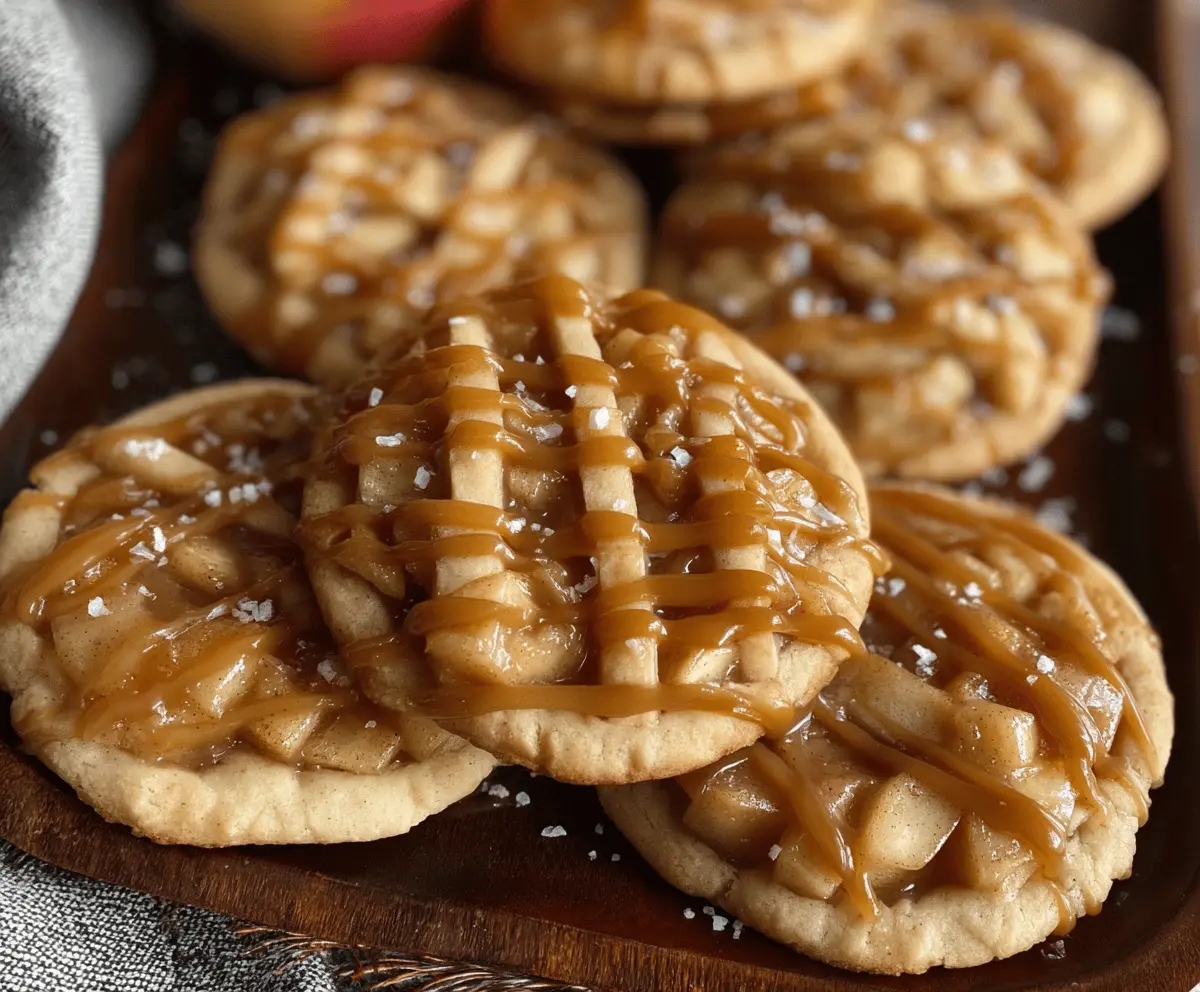 Golden salted caramel apple pie cookies with caramel drizzle and cinnamon, freshly baked on a rustic wooden surface.