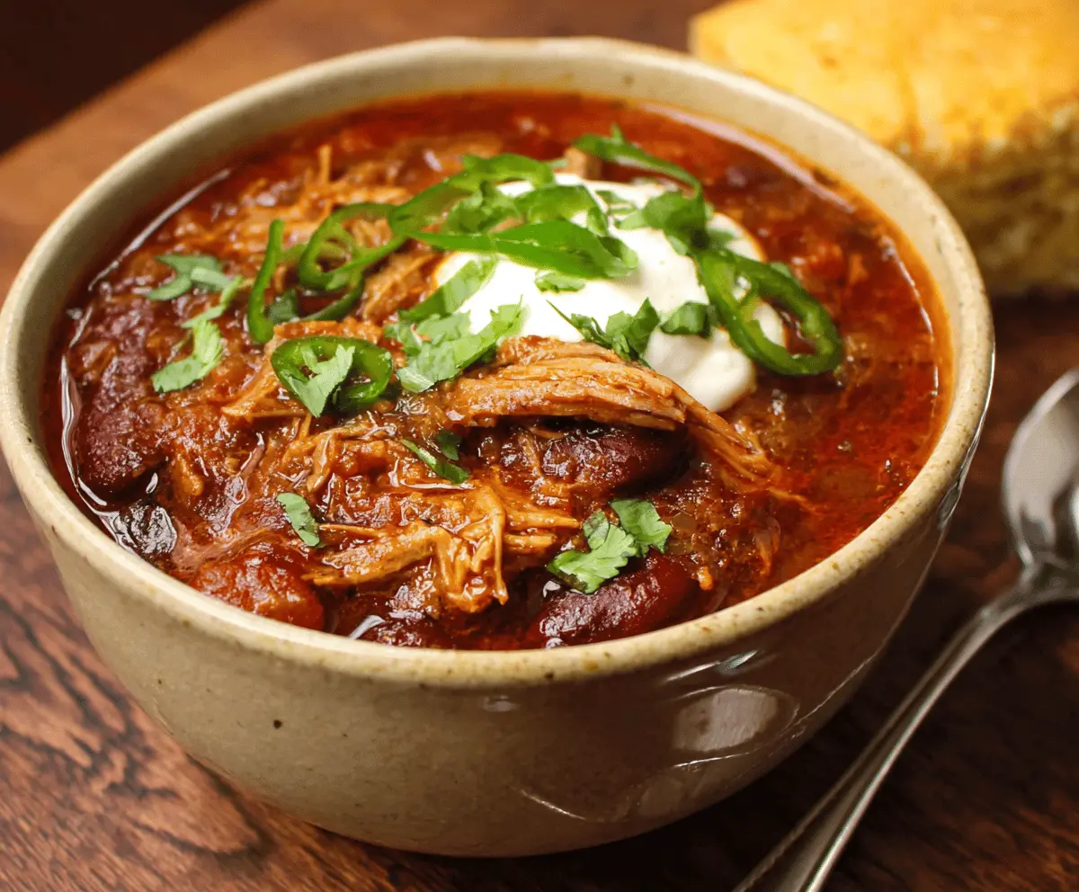 Deliciously cooked pork roast chili in a bowl topped with fresh herbs and shredded cheese, perfect for a hearty meal