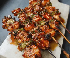 Delicious Sichuan Chili Crisp Glazed Yakitori skewers topped with vibrant chili flakes and green scallions, served on a white plate for a spicy Asian-inspired appetizer