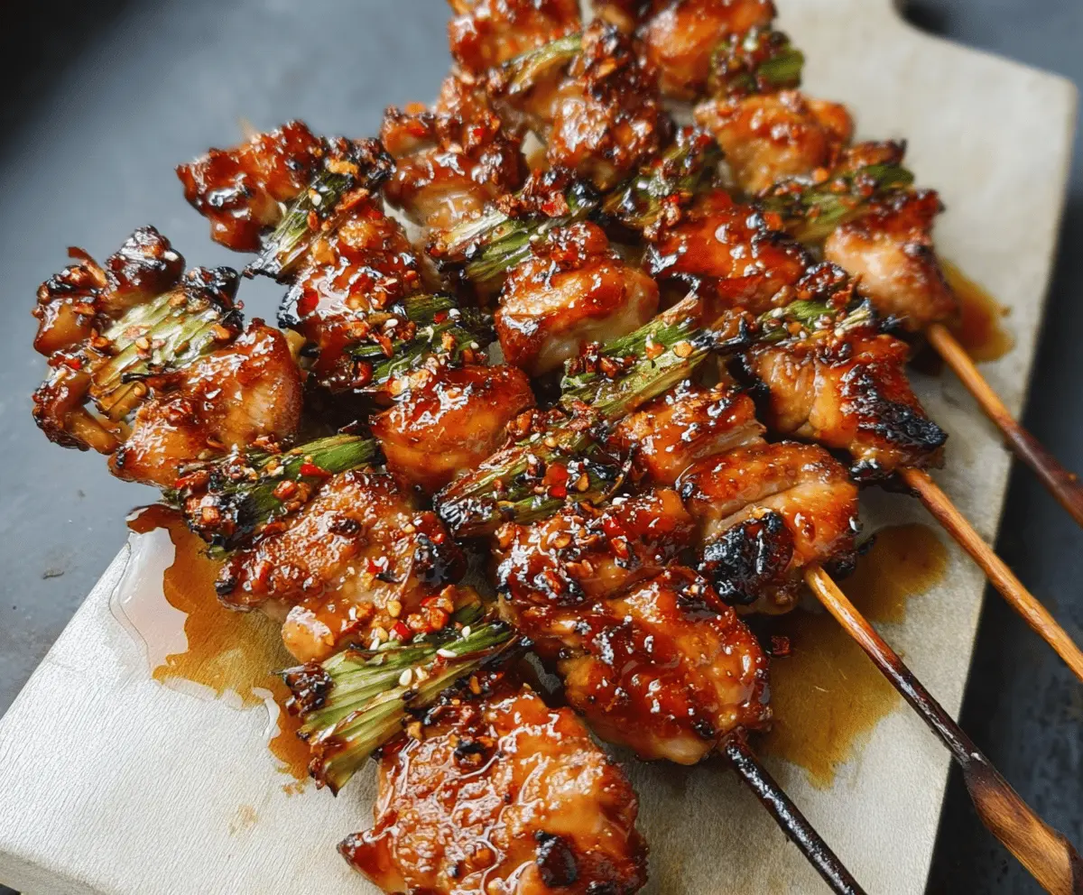 Delicious Sichuan Chili Crisp Glazed Yakitori skewers topped with vibrant chili flakes and green scallions, served on a white plate for a spicy Asian-inspired appetizer