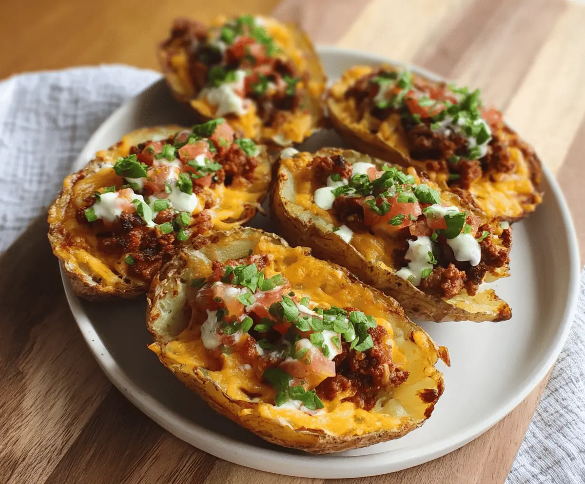 Delicious Sloppy Joe Tater Skins topped with cheese and garnished with green onions, served as a savory appetizer or snack.