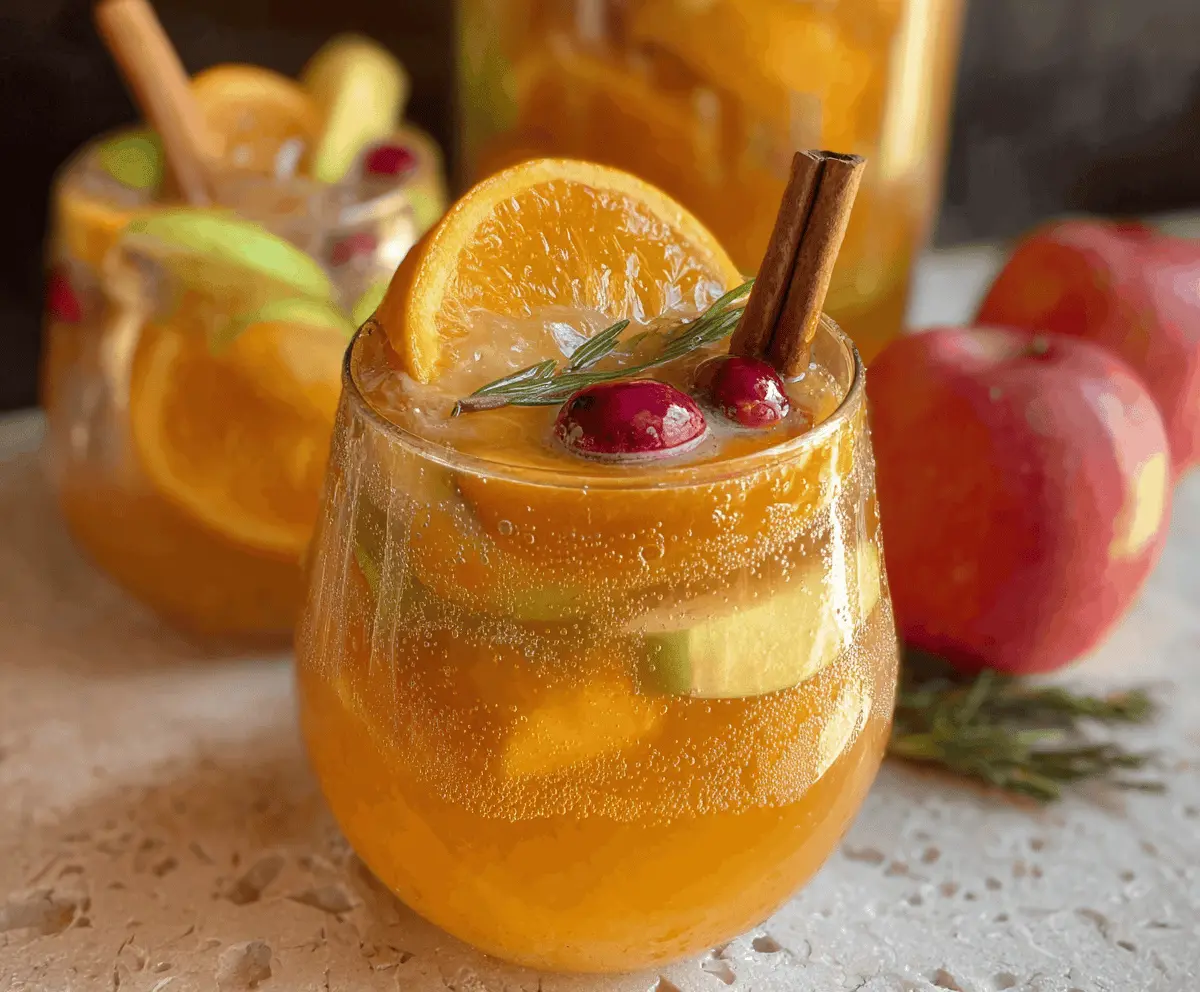 A vibrant glass of Sparkling Fall Harvest Punch garnished with orange slices, apple slices, and fresh mint leaves, perfect for autumn celebrations.
