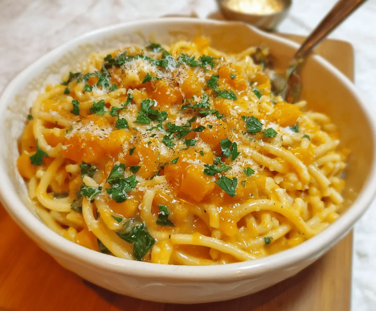 Creamy butternut squash pasta garnished with fresh herbs, served on a white plate for a delicious and healthy fall-inspired meal.